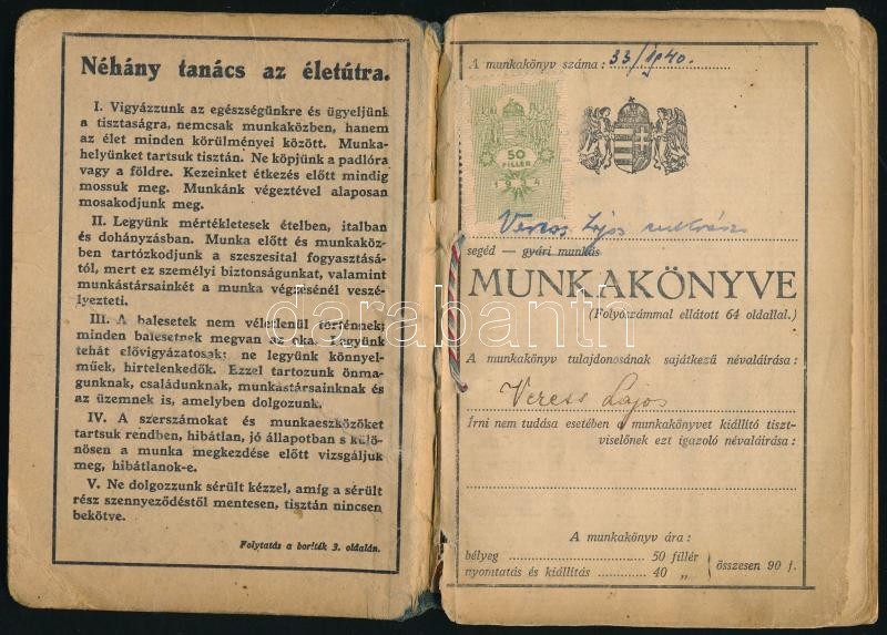 1940 Bp., iparostanonc-iskolai bizonyítvány és munkakönyv cukrász részére, sérült / ragasztott