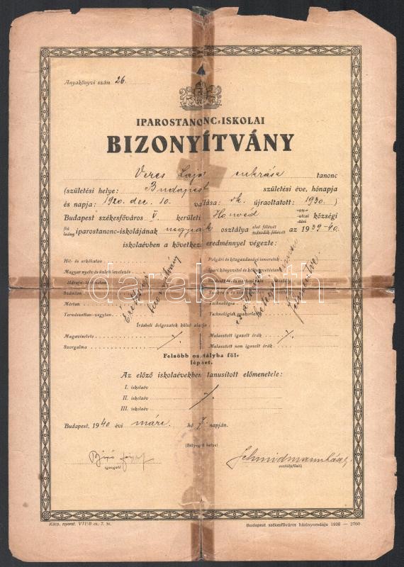 1940 Bp., iparostanonc-iskolai bizonyítvány és munkakönyv cukrász részére, sérült / ragasztott - Image 2