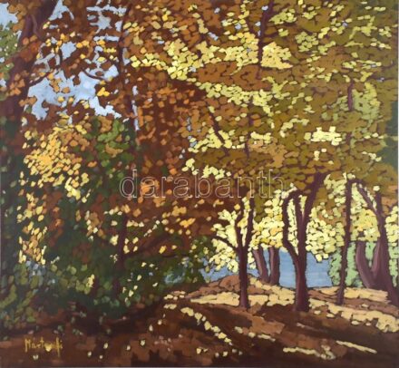 Mártonfi Benke Márta (1958-): Őszi lombsátor (Körös holtág), 2021. Olaj, farost, jelzett. Hátoldalán autográf felirattal. 67x70 cm