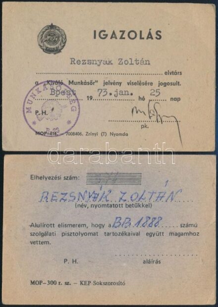 cca 1970-1980 2 db munkásőrségi igazolvány egy személy részére