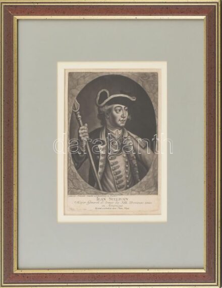 Alexander Campbell festménye után: Jean (John) Sullivan (1740-1795) tábornok, az Egyesült Államok egyik alapítójának portréja, 1776 körül. Mezzotinto, papír. Jelzett a metszeten. Thomas Hart, London kiadása. Kissé foltos. Üvegezett