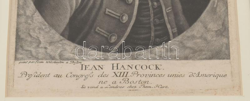 Wilckinson festménye után: John Hancock (1737-1793) az Egyesült Államok egyik alapítójának portréja, 1776 körül. Mezzotinto, papír. Jelzett a metszeten. Thomas Hart, London kiadása. Kissé foltos. Üvegezett fakeretben. 22x15,5 cm - Image 2
