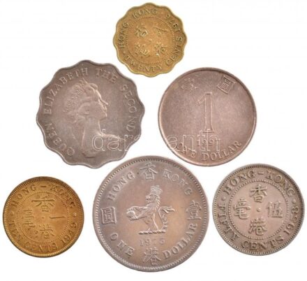 Hongkong 1949. 10c Ni-sárgaréz 'VI. György' + 1958-1982. 20c-2$ 'II. Erzsébet' (4xklf) + 1997. 1$ Cu-Ni T:2,2- Hong Kong 1949. 10 Cents Ni-brass 'George VI' + 1958-1982. 20 Cents - 2 Dollars 'Elizabeth II' (4xdiff) + 1997. 1 Dollar Cu-Ni
