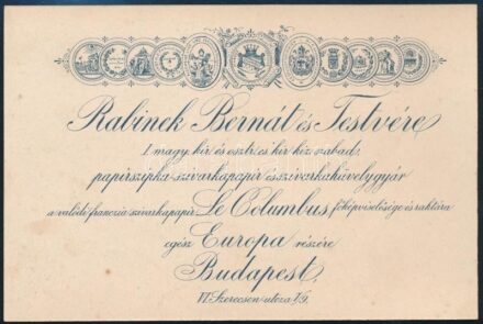 Rabinek Bernát és Testvére I. magyar kir. és osztr. cs. kir. papírszipka-, szivarkapapír és szivarkahüvelygyár, Bp. VI., Szerecsen-utcza 7/9, kétoldalas magyar-német nyelvű reklámkártya, 1890-1900 körül, kissé foltos, 9,5x14 cm