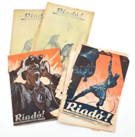 1937-1939 Riadó! A Légoltalmi Liga folyóiratának 4 száma (I. évf. 2-3. sz, II. évf. 10. sz., 1939. feb., március.) Változó állapotban, a I. évf. 2-3. szám szakadt, széteső állapotban, a III. évf. 2. szám borítója szakadt.
