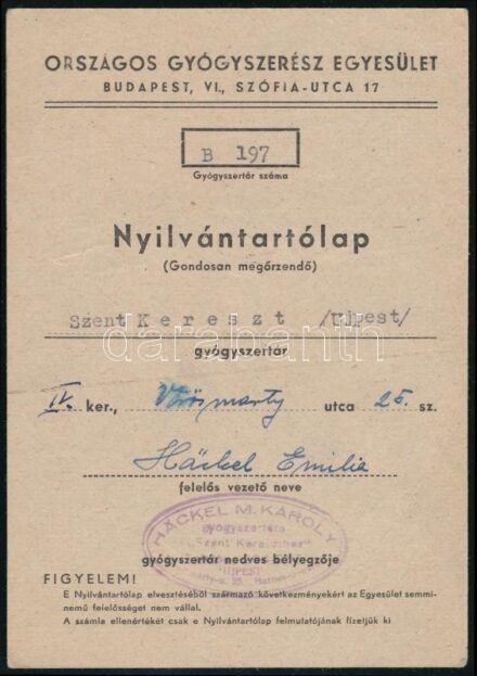 1950 Bp., az Országos Gyógyszerész Egyesület nyilvántartó lapja az újpesti Szent Kereszt gyógyszertár részére, ritka!