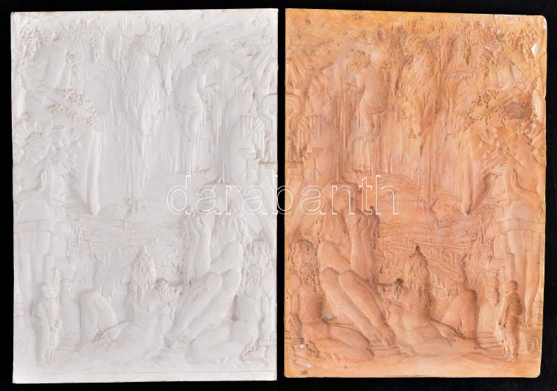 Göröntsér Greff Lajos (1888-1976): Cseppkőbarlang alakokkal. 2db. Gipsz negatív forma. Jelzett. Egyik sérült. 27,5x19,5cm