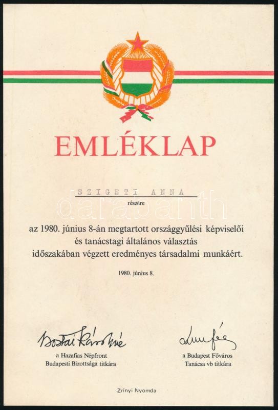 1980 Országgyűlési választási emléklap