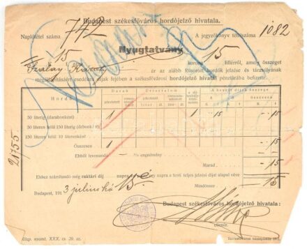 1913 Budapesti Hordójelző Hivatal nyugtatvány
