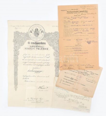 1915-1937 Bp., tartalékos hadnagyi kinevezés dr. Lápossy Lajos részére, báró Hazai Samu (1851-1942) honvédelmi miniszter nyomtatott aláírásával, szárazpecséttel + 3 db igazolvány és irat ugyanazon személy részére (hadigondozási