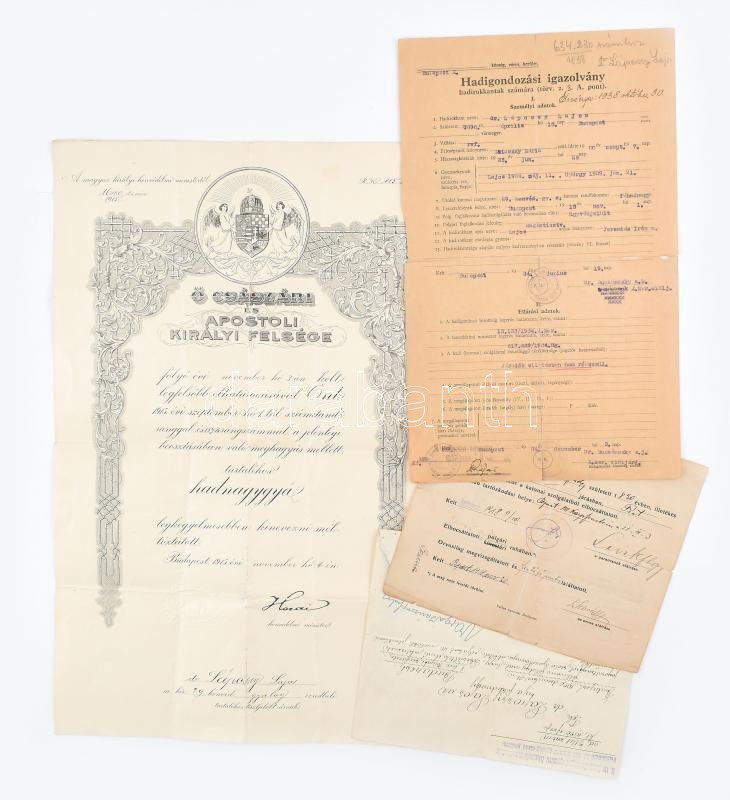 1915-1937 Bp., tartalékos hadnagyi kinevezés dr. Lápossy Lajos részére, báró Hazai Samu (1851-1942) honvédelmi miniszter nyomtatott aláírásával, szárazpecséttel + 3 db igazolvány és irat ugyanazon személy részére (hadigondozási