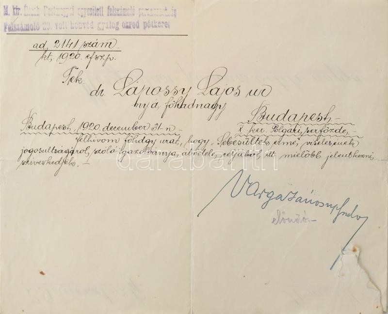 1915-1937 Bp., tartalékos hadnagyi kinevezés dr. Lápossy Lajos részére, báró Hazai Samu (1851-1942) honvédelmi miniszter nyomtatott aláírásával, szárazpecséttel + 3 db igazolvány és irat ugyanazon személy részére (hadigondozási - Image 3