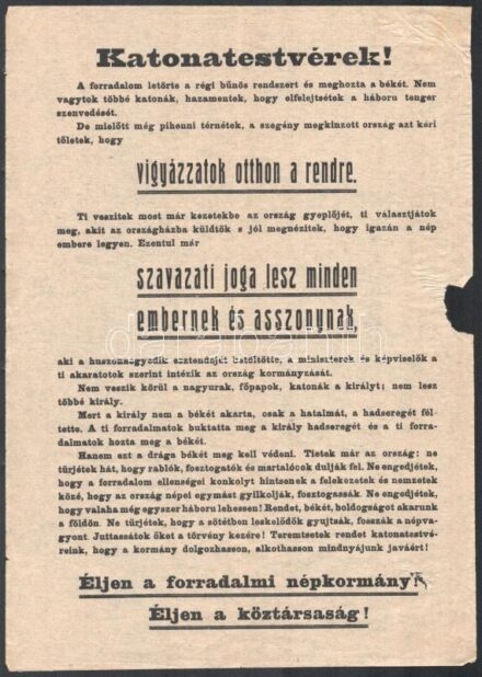 1919 'Katonatestvérek! ... Éljen a forradalmi népkormány! Éljen a köztársaság!', az egyik szélén hiánnyal, 29x21 cm
