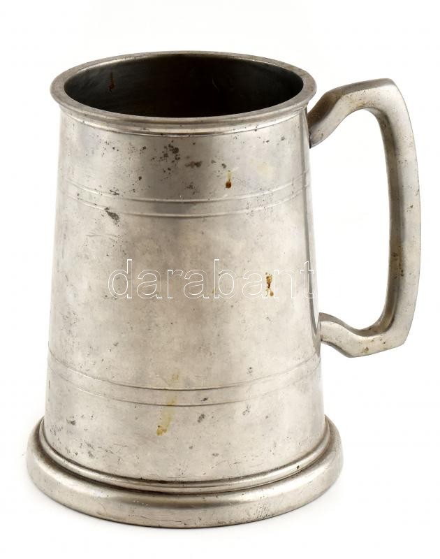 Fém sörös korsó, jelzett, kopott, m:13cm