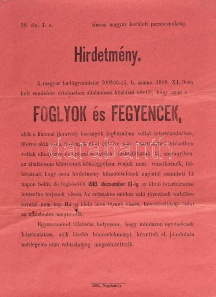 1918 Hirdetmény. A magyar hadügyminiszter hirdetménye, foglyok és fegyencek tárgyában, Kassai magyar kerületi parancsnokság, Nagykároly, Róth-ny., kis lyukkal, hajtásnyomokkal, 32x23 cm