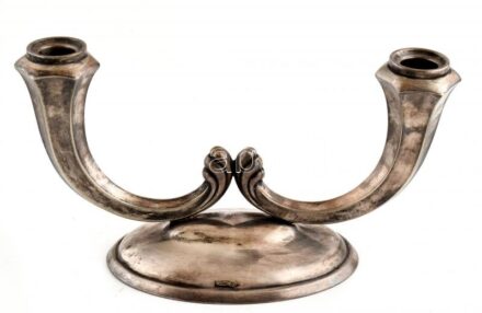 Két ágú fém gyertyatartó, m:14cm