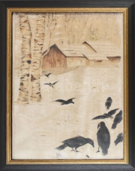 Dekoratív üvegezett fa képkeret, bársony hordozójú festménnyel, belső méret: 70×49,5 cm