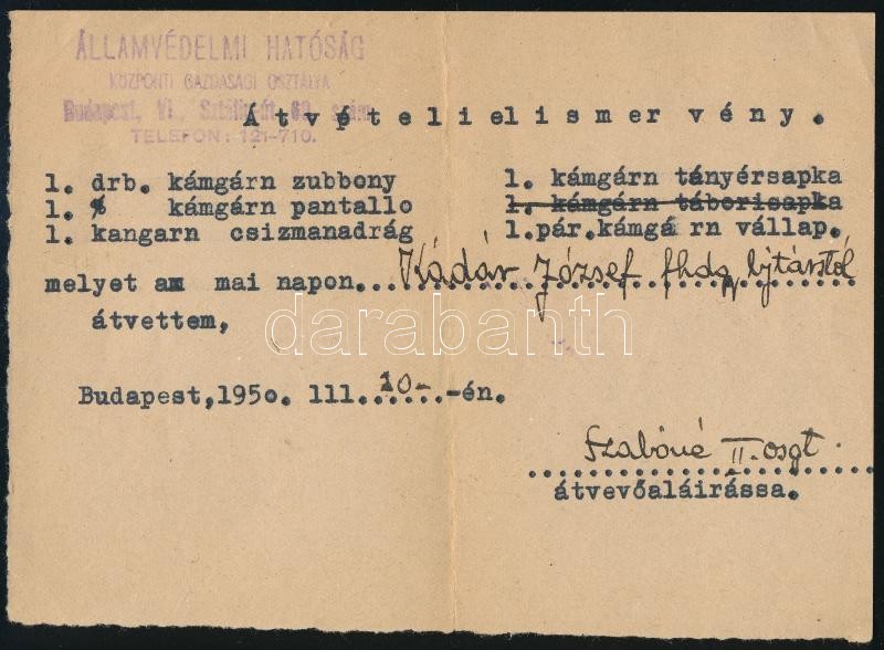 1950 Bp., az Államvédelmi Hatóság (ÁVH) Központi Gazdasági Osztályának átvételi elismervénye katonai egyenruháról