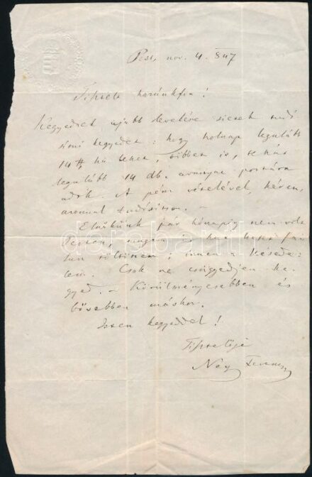 1847 Ney Ferenc (1814-1889) hírlapíró, színműíró, iskolaigazgató, a festészeti akadémiát gyámolító egyesületnek titkárának (1847-1854) saját kézzel írt levele, saját kezű aláírásával, a 'Hazai Ipar' fejléces papírján,