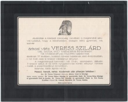 1929 Szarvas, árkosi vitéz Veress Szilárd volt tartalékos főhadnagy halotti értesítője
