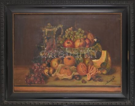 Harangozó S jelzéssel: Csendélet. Olaj, vászon, sérült. Dekoratív, kissé sérült fakeretben. 60×82 cm