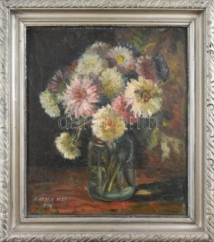 Katona Kiss Ferenc (1909-1995): Virágok. Olaj, farost. Jelzett. Hátoldalán autográf felirattal. Dekoratív fakeretben. 40x35 cm