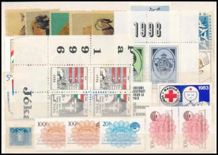 22 db magyar levélzáró és támogatói bélyeg + 5 db Nemzeti színházért adománybélyeg