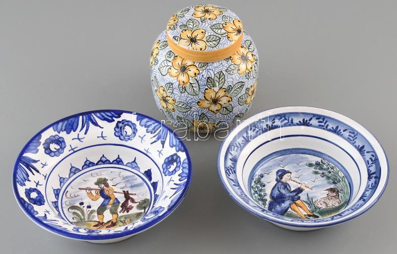 3 db Habán kézzel festett múzeumi másolat tálka és teafű tartó, d:11-16cm