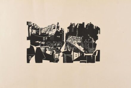 Szabados Árpád (1944-2017): Házak, 1966. Linómetszet, papír, jelzett. Feltekerve, kisebb törésnyomokkal, 24x14 cm