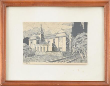 Ferenczy jelzéssel: Villa kertje, 1920. Tus, papír. Üvegezett, kopott fakeretben. 14x20,5 cm