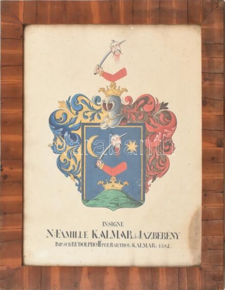 cca 1850-1900 Familiae Kalmar de Jászberény, nemesi címer, akvarell, üvegezett keretben, 47×36 cm