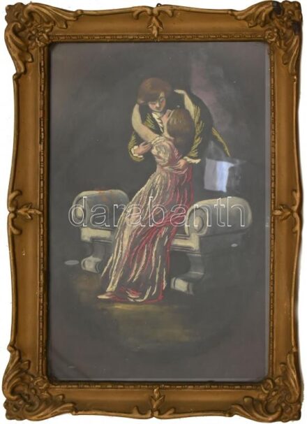 Dekoratív historizáló fa képkeret, üvegezett, benne szerelmespárt ábrázoló képpel (vegyes technika, jelzés nélkül). Apró sérülésekkel, látható méret: 30,5x20,5 cm, külső méret: 37x26,5 cm