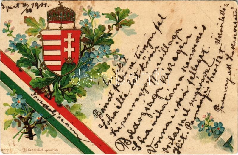1901 Magyar zászló és címer / Hungarian flag and coat of arms. Art Nouveau, floral, Emb. litho (vágott / cut)