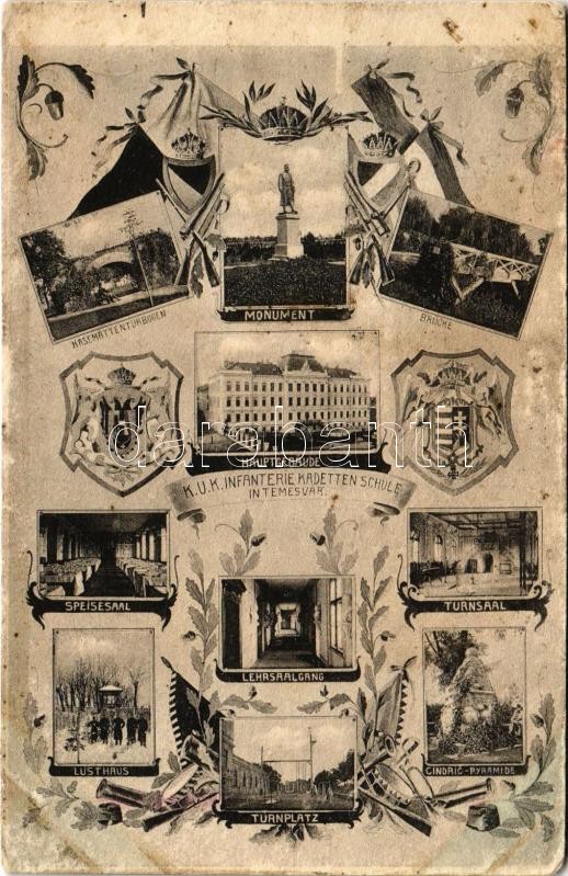 Temesvár, Timisoara; Cs. és kir. gyalogsági hadapródiskola, emlékmű, híd, főépület és szobák, étkező- és tanulószoba, folyosó, tornaterem, belső. Szecessziós mozaik címerrel / K.u.K. Infanterie Kadetten Schule / Austro-Hungarian