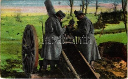 1916 Richten einer schweren Haubitze / Egy nehéz tarack beállítása / WWI Austro-Hungarian K.u.K. military, heavy artillery. O.K.W. 3520. + 'K.u.K. Inf.-Halb-Brigadekommando No. 50.' (kopott sarok / worn corner)