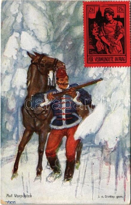Auf Vorposten. Offizielle Karte für Rotes Kreuz, Kriegsfürsorgeamt, Kriegshilfsbüro Nr. 367. / WWI Austro-Hungarian K.u.K. military art postcard, hussar s: J. v. Divéky (EK)