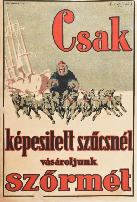 cca 1920-1930 Haranghy Jenő (1894-1951): 'Csak képesített szűcsnél vásároljunk szőrmét!', plakát, Bruchsteiner és Fia (Bp.), kissé foltos, sérült, hajtásnyomokkal, 46x31 cm