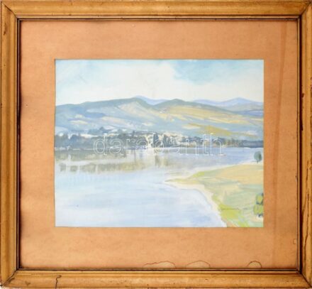 Olvashatatlan jelzéssel: Vízparti táj (Dunakanyar?), 1956. Tempera, papír, üvegezett fa keretben, 30x42,5 cm