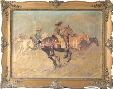 Viski János (1891-1987): Cowboyok. Olaj, vászon, jelzett, kissé sérült. Dekoratív, sérült fa keretben, 70x50 cm / oil on canvas, signed, slightly damaged, framed