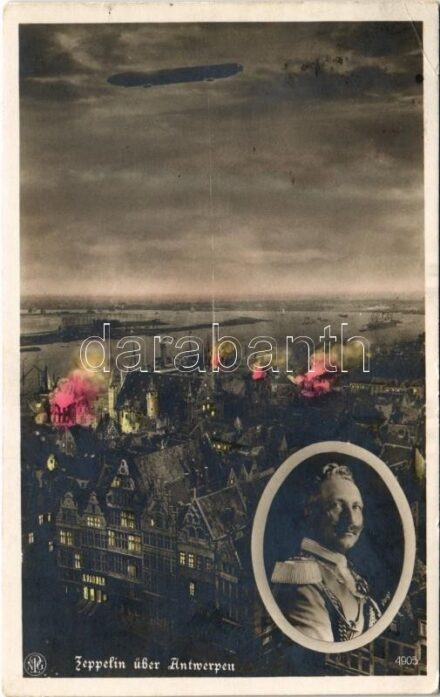 1915 Zeppelin über Antwerpen / WWI German military propaganda, Wilhelm II, Zeppelin airship over Antwerp (EK)