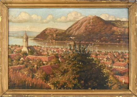 Farnadi Richárd (?-?), működött a XX. sz. első felében: Nagymaros és Visegrád látképe, 1930. Olaj, karton, jelzett. Hátoldalán autográf felirattal. Korabeli, sérült fa keretben, 34,5×51 cm