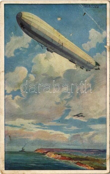 1918 Reichsmarineluftschiff. Wacht an deutscher Ostseeküste. Deutscher Luftflotten-Verein / WWI German military art postcard, German Navy airship, naval aircraft s: Hans Rudolf Schulze (EB)