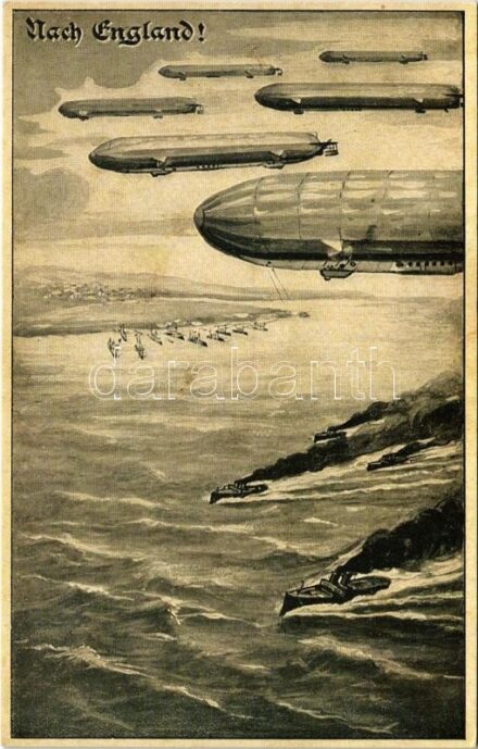 Nach England! / WWI German military art postcard, airships and battleships (fl)