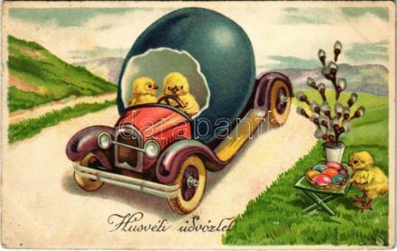 1935 Húsvéti üdvözlet / Easter greeting art postcard with chicken in an 'eggmobile' (EK)