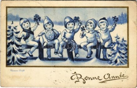 1938 Bonne Année / New Year greeting art postcard, children with mushroom, horseshoe and clovers. Chromo Delft (kis szakadás / small tear)