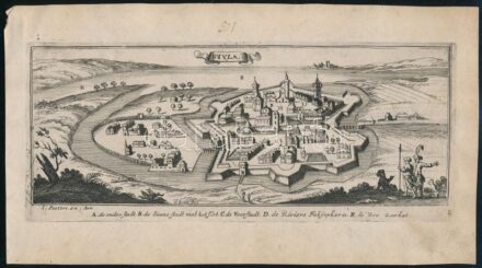 Jacob Peeters (1637-1695): Gyula látképe. Rézmetszet, feliratozva. 25x10,5 cm