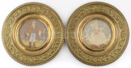 Két darab, rézkeretes, vászonkép 20. század eleje, kopott, d: 35cm