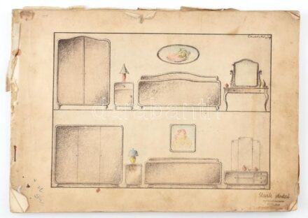 cca 1940 Stark Antal műbútorasztalos pecsétjével ellátot bútor látványterveket ábrázoló füzet borító nélkül kb 50 jelzett grafikus oldal. 35x24 cm