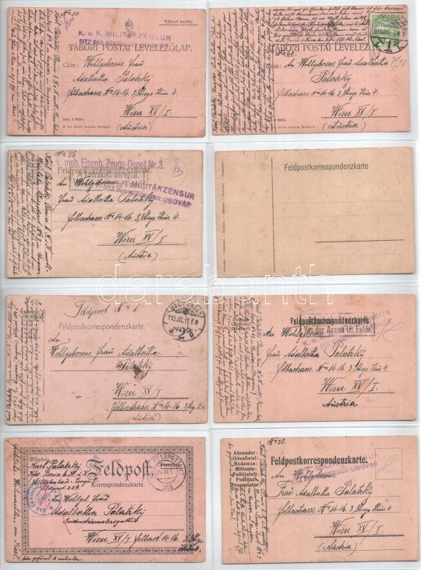 KARL PALATZKY - 38 db első világháborús katonai saját kézzel rajzolt tábori posta levelezőlap (K.u.k. mo. Eisenb. Zeugs-Depot Nr. 3. Feldpostkorrespondenzkarte) / KARL PALATZKY - 38 WWI military hand-drawn field postcards - Image 2
