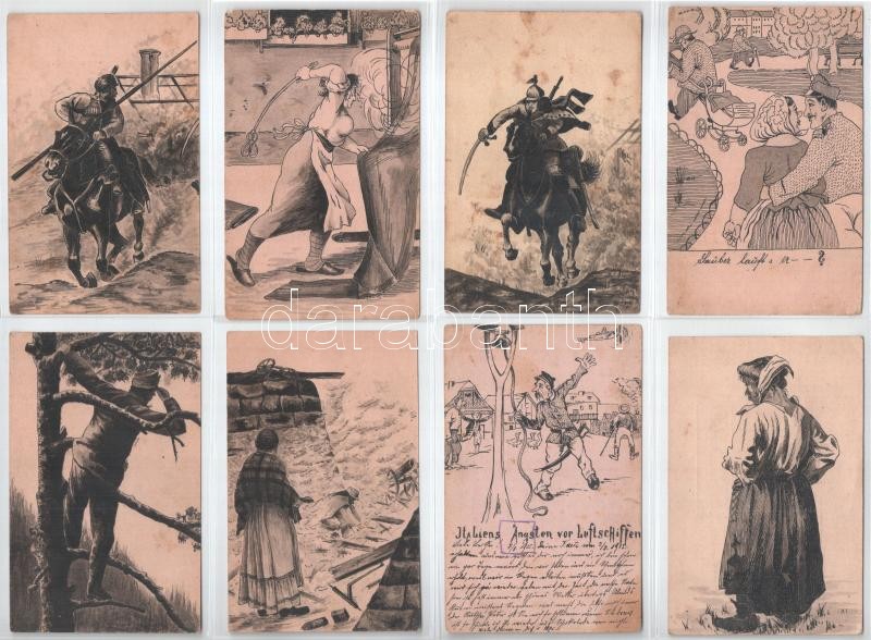 KARL PALATZKY - 38 db első világháborús katonai saját kézzel rajzolt tábori posta levelezőlap (K.u.k. mo. Eisenb. Zeugs-Depot Nr. 3. Feldpostkorrespondenzkarte) / KARL PALATZKY - 38 WWI military hand-drawn field postcards - Image 3